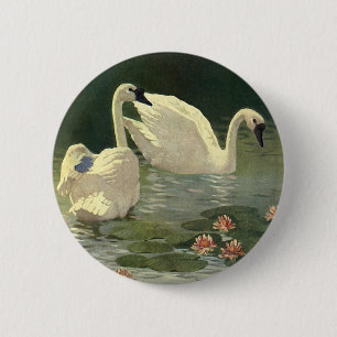 Badge Rond 5 Cm Animaux sauvages vintages Oiseaux, Cygnes blancs v