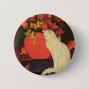 Badge Rond 5 Cm Animaux Vintage, Élégant Chat Blanc, Fleurs d'Auto