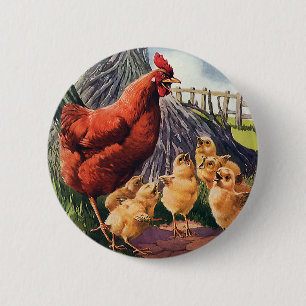 Badge Rond 5 Cm Animaux Vintage, Poule avec des poussins à la ferm