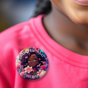 Badge Rond 5 Cm Anime afro-américaine fille d'anniversaire personn