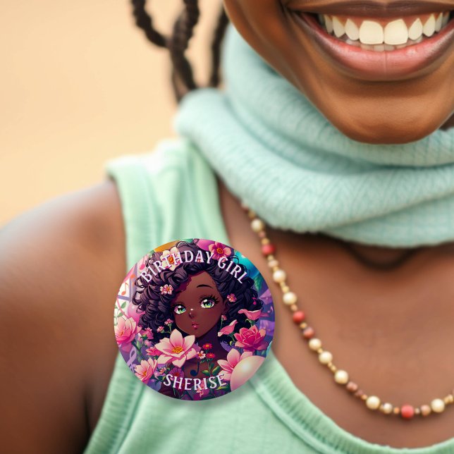 Badge Rond 5 Cm Anime afro-américaine fille d'anniversaire personn (Créateur téléchargé)