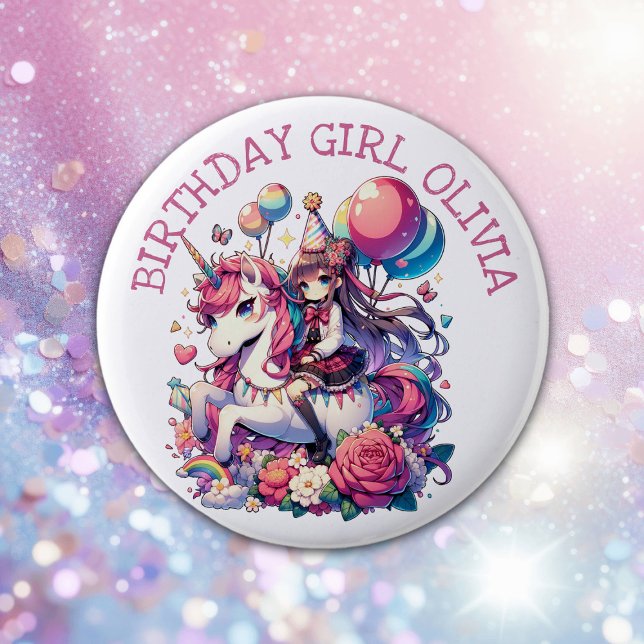 Badge Rond 5 Cm Anime Girl on Unicorn Anniversaire Personnalisé (Créateur téléchargé)