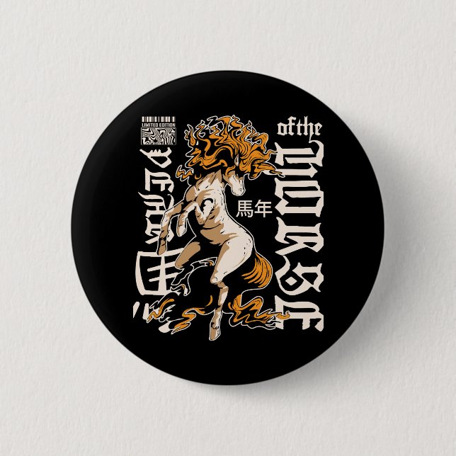 Badge Rond 5 Cm Année du Cheval Chinois  – Force & Liberté (Devant)