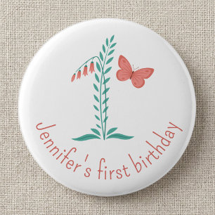 Badge Rond 5 Cm Anniversaire 1 an Bébé Papillon Floral Féminin