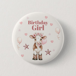 Badge Rond 5 Cm Anniversaire Cowgirl Rose Thème Ferme 1er