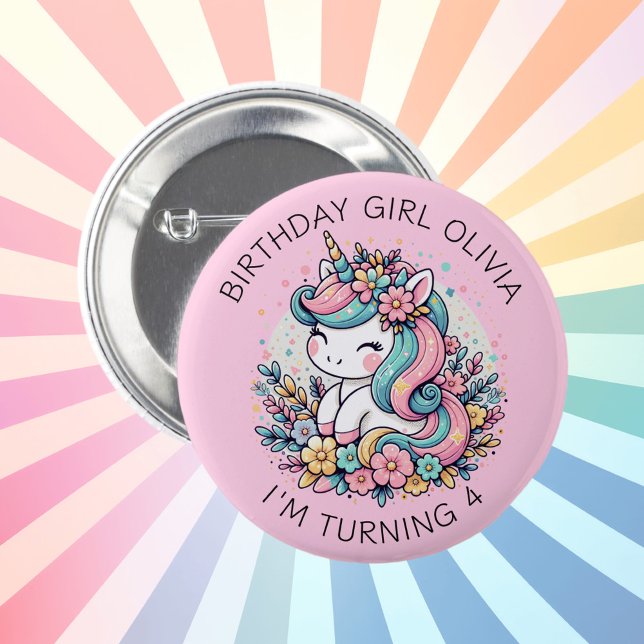 Badge Rond 5 Cm Anniversaire de la fille Pink Unicorn personnalisé (Créateur téléchargé)