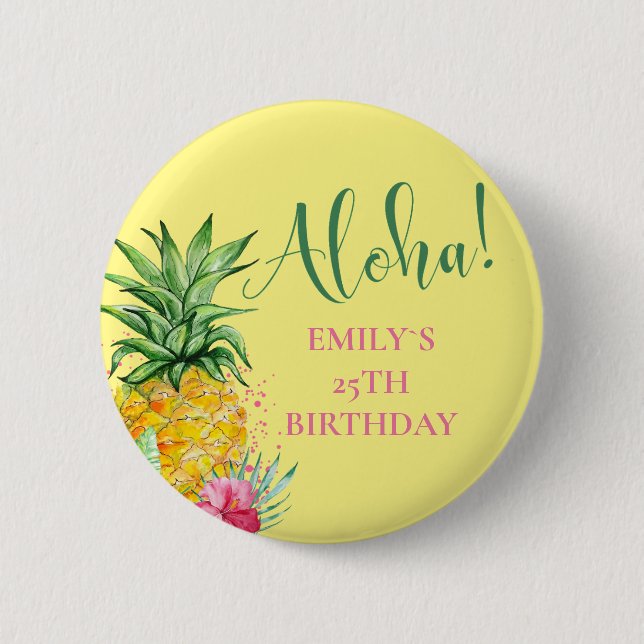 Badge Rond 5 Cm Anniversaire de l'Aloha Tropical Pineappical Hawai (Devant)