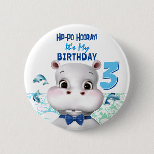 Badge Rond 5 Cm Anniversaire du garçon au poisson bleu hippopotame