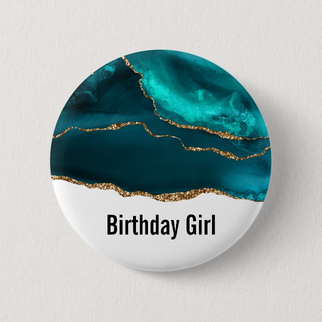 Badge Rond 5 Cm Anniversaire du Ribbon d'or et de l'Agate Turquois (Devant)