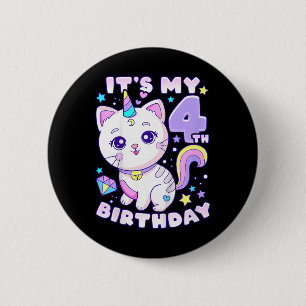 Badge Rond 5 Cm Anniversaire Fille 4 ans, Chat, Unicorne, 4e naiss