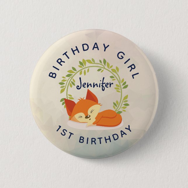 Badge Rond 5 Cm Anniversaire Fille mignonne Dormir Renard Orange (Devant)