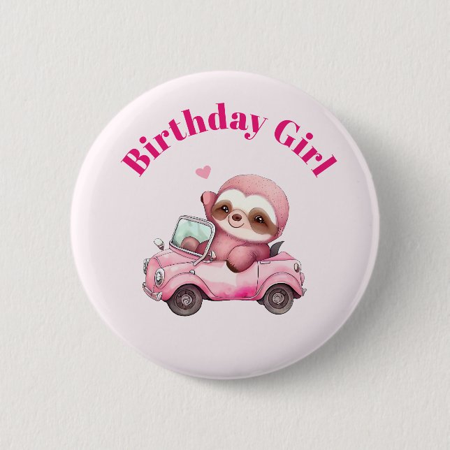 Badge Rond 5 Cm Anniversaire fille mignonne rose Sloth conduisant  (Devant)