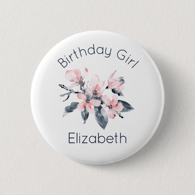 Badge Rond 5 Cm Anniversaire Fille rose et gris Fleurs Aquarelle (Devant)