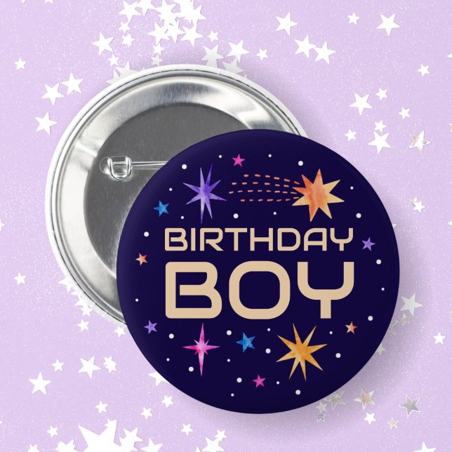 Badge Rond 5 Cm Anniversaire Garçon Espace Étoiles foncé violet (Birthday Boy Outer Space Stars Dark Purple Button)