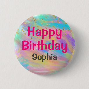 Badge Rond 5 Cm Anniversaire Licorne Féminin Doré Paillettes