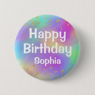 Badge Rond 5 Cm Anniversaire Licorne Féminin Paillettes Dorées