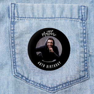 Badge Rond 5 Cm Anniversaire noir blanc nom photo