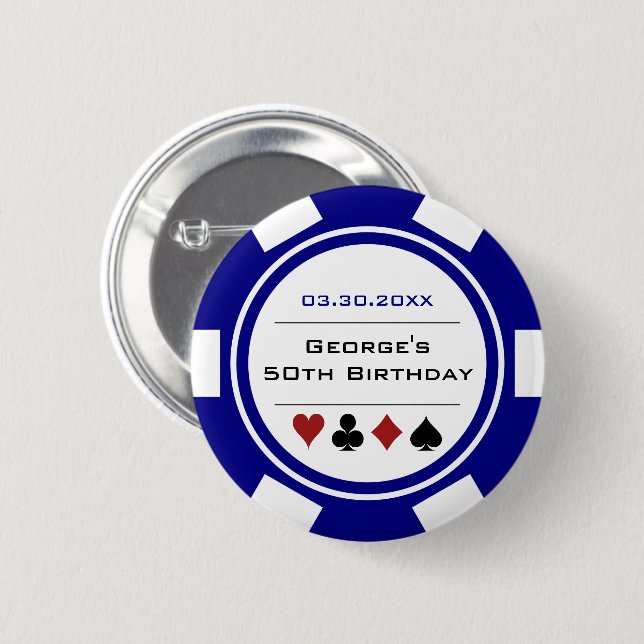 Badge Rond 5 Cm Anniversaire Poker Chip Casino Thème Blanc Bleu (Devant & derrière)