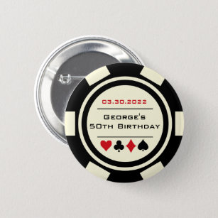 Badge Rond 5 Cm Anniversaire Poker Chip Casino Thème Rouge Noir