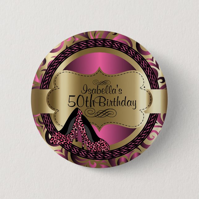 Badge Rond 5 Cm Anniversaire rose et or avec Leopard High Heights (Devant)
