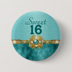 Badge Rond 5 Cm anniversaire turquoise de l'or 16 de "sweet