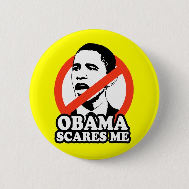 BADGE ROND 5 CM ANTI-OBAMA/OBAMA M'EFFRAYE (Devant)