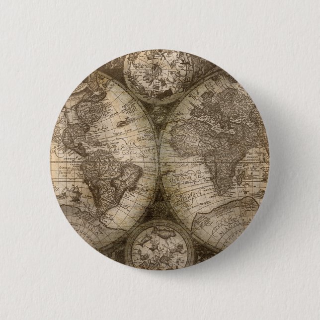 Badge Rond 5 Cm Antique Historique Ancien Monde Atlas Continents (Devant)