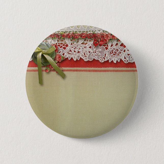 Badge Rond 5 Cm Antique Rose dentelle Rustique Rouge Victorien Bur (Devant)