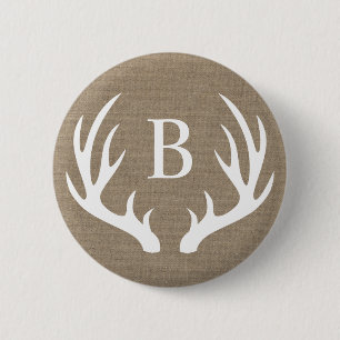 Badge Rond 5 Cm Antlers de cerfs blancs rustiques & Faux Burlap