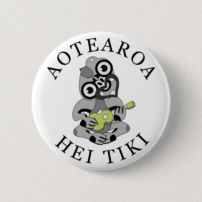 Badge Rond 5 Cm Aotearoa Hei Tiki avec ukulele vert (Devant)