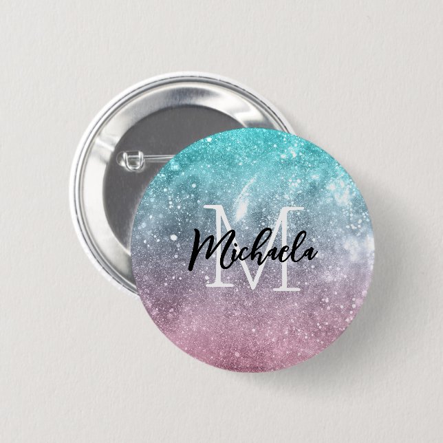Badge Rond 5 Cm Aqua blue Pink ombre mer galaxie abstraite Monogra (Devant & derrière)