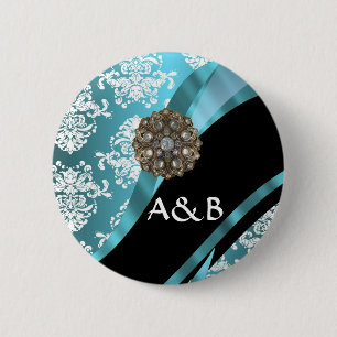Badge Rond 5 Cm Aqua & damas blanc avec gemme de faux cristal