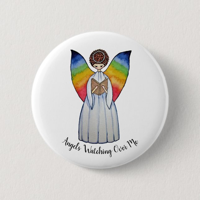 Badge Rond 5 Cm Aquarelle Angel Avec Arcs-En-Ciel Lire Un Livre (Devant)