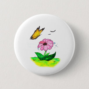 Badge Rond 5 Cm aquarelle art fleur de printemps et papillon volan