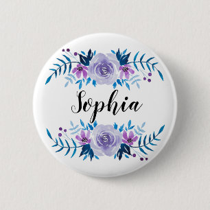 Badge Rond 5 Cm Aquarelle bleu violet couronne florale Texte perso