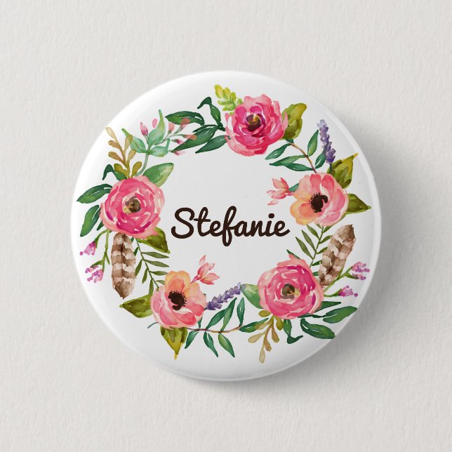 Badge Rond 5 Cm Aquarelle Boho Floral Wreath Personnalisé (Devant)