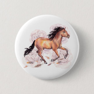Badge Rond 5 Cm Aquarelle Cheval Wild Avec Fleurs Boho Arrière - p
