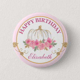 Badge Rond 5 Cm Aquarelle Citrouille Rose et Or Joyeux Anniversair