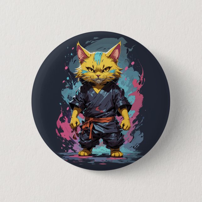 Badge Rond 5 Cm Aquarelle cool Jaune Ninja Chat Guerrier (Devant)