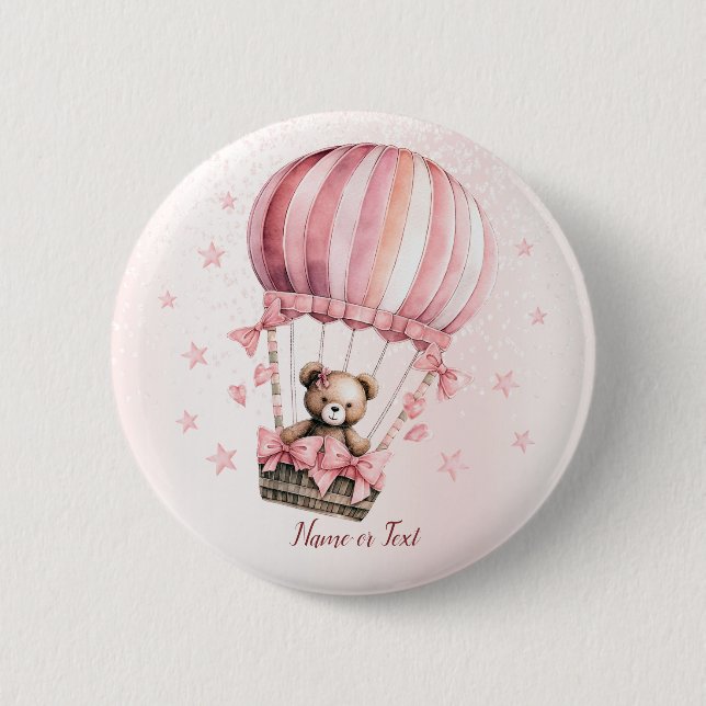 Badge Rond 5 Cm Aquarelle Cute Rose Teddy Bear Hot Air Balloon (Devant)