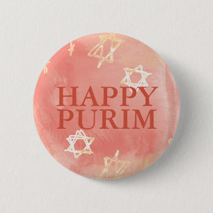 Badge Rond 5 Cm Aquarelle de corail HAPPY PURIM et Gold Juive étoi