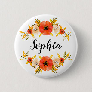 Badge Rond 5 Cm Aquarelle de fille Coral Floral Wreath Texte perso