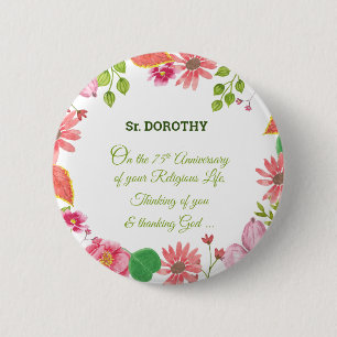 Badge Rond 5 Cm Aquarelle de fleurs pour le 75e anniversaire relig
