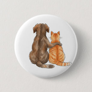 Badge Rond 5 Cm Aquarelle de l'amitié entre chien et chat