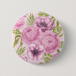 Badge Rond 5 Cm Aquarelle des fleurs de pivoine et d'anémone