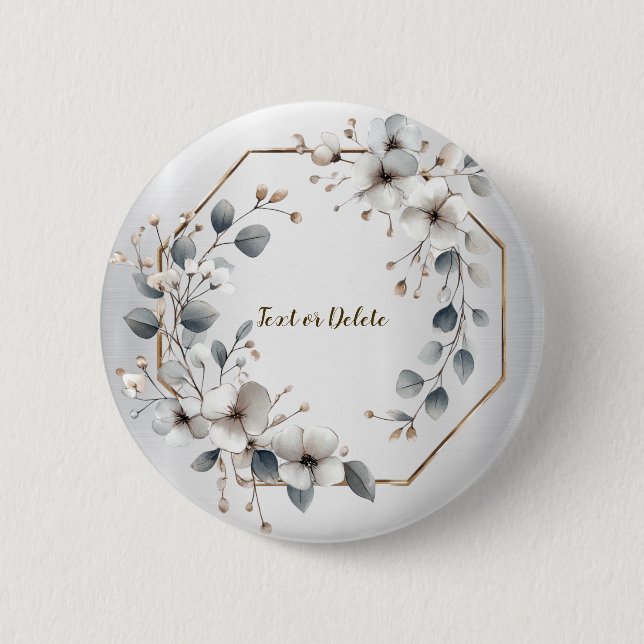 Badge Rond 5 Cm Aquarelle Fleurs blanches Cadre doré Argent Turquo (Devant)