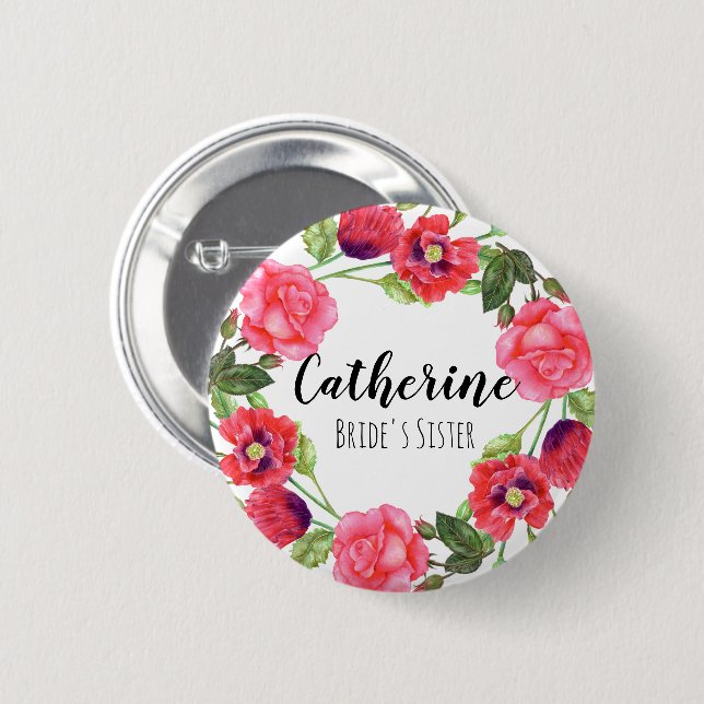 Badge Rond 5 Cm Aquarelle Fleurs d'été Circle Wreath Design (Devant & derrière)