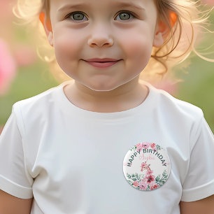 Badge Rond 5 Cm Aquarelle Floral Giraffe Ribbon Girl Anniversaire