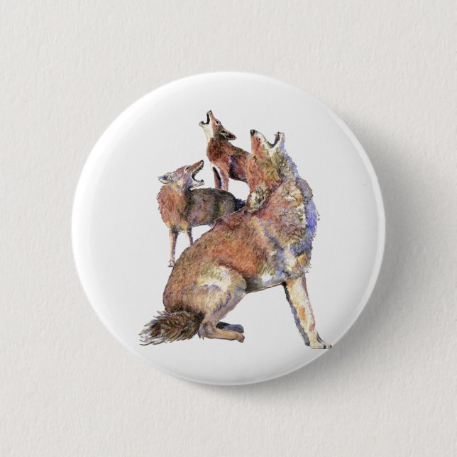Badge Rond 5 Cm Aquarelle Howling Coyote Famille Animale (Devant)