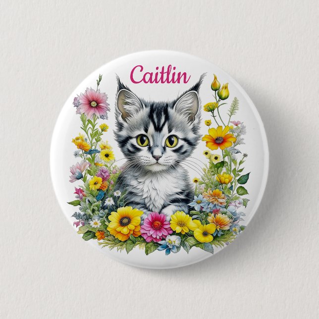 Badge Rond 5 Cm Aquarelle Kitten en Fleurs Jaunes Personnalisé (Devant)